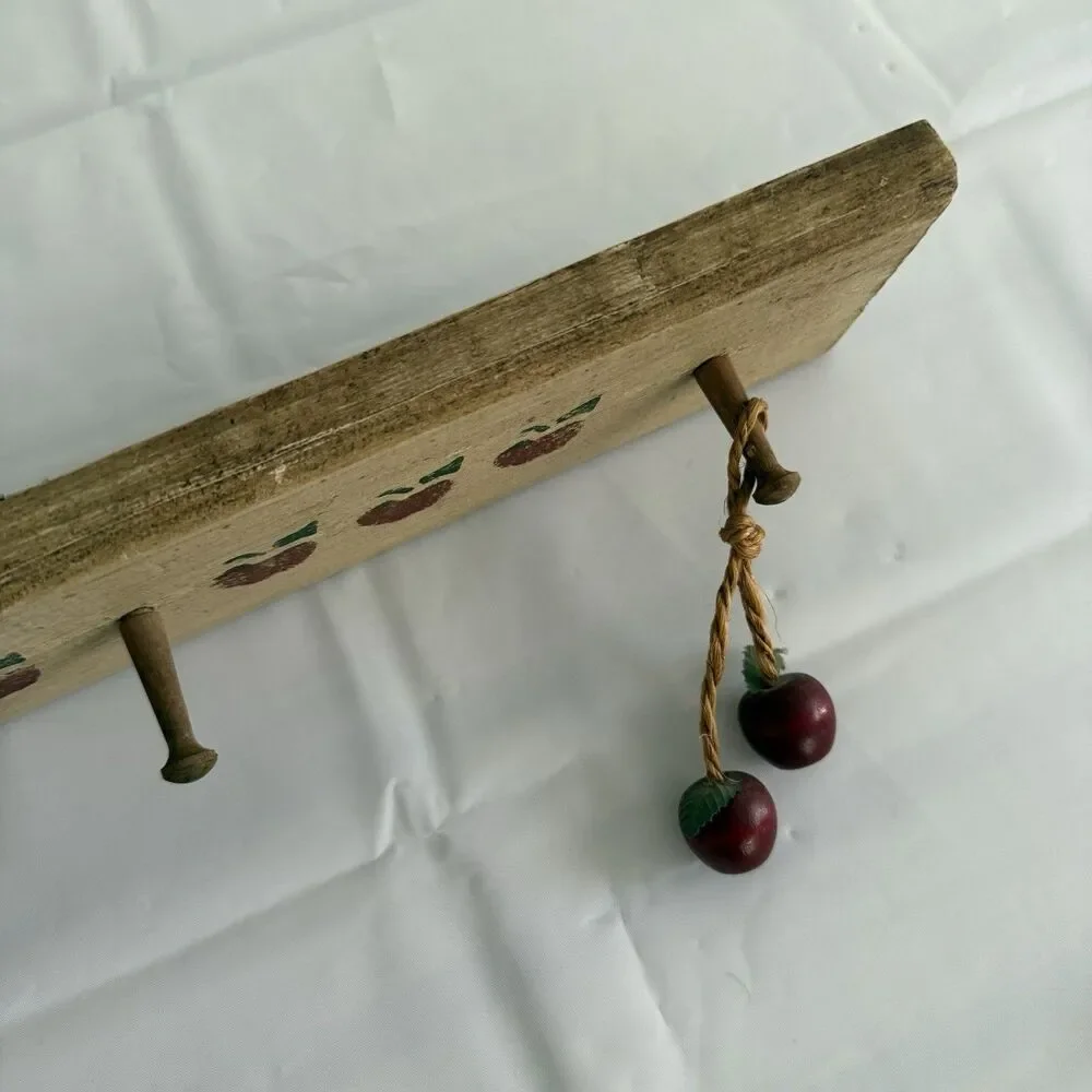 Vtg Apple Shelf 3 Hanging Pegs Distressed Wood Stenciled w Hanger Granny Cottage